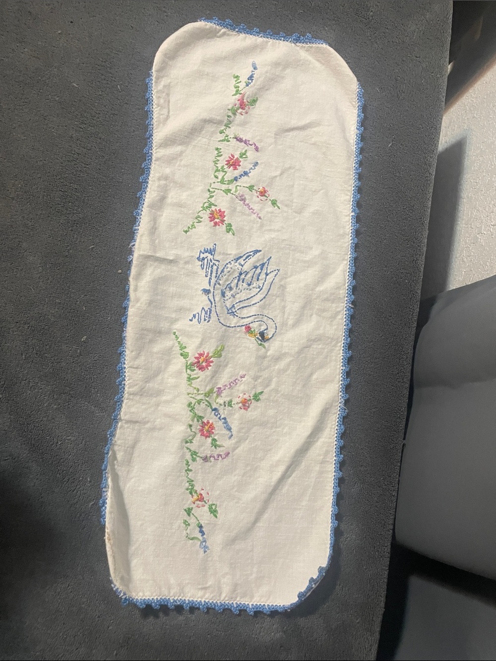 Embroidered Linen Swan Table Runner with Blue Trim